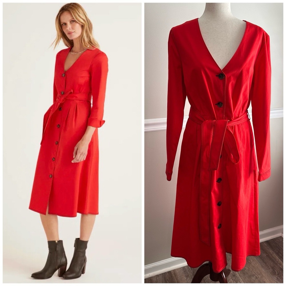 Boden Isabel Red Stitch Detail Midi Dress UK18 US14 Shirt Trench Belted Preppy